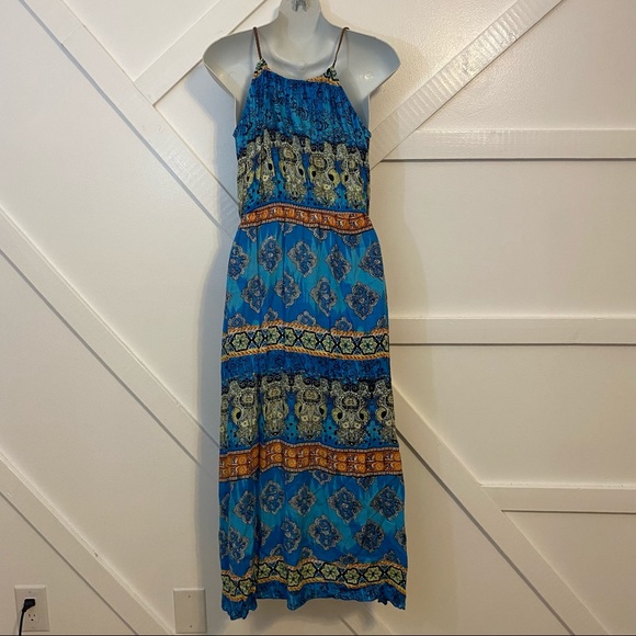NEW Raga Floral Boho Printed Braided Tie Maxi Length Dress Multicolor Blue Sz S - Picture 3 of 6